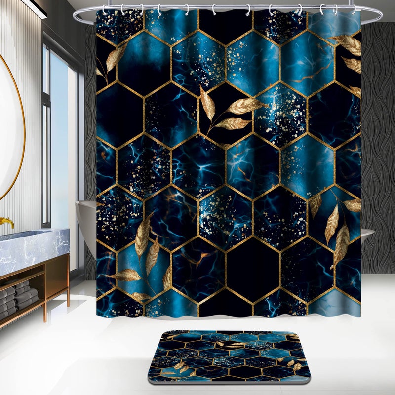 Poedist 4 Pcs Bathroom Shower Curtain Set Bathroom Sets with Rugs(Bath Mat U Shape and Toilet Lid Cover Mat) and 12 Hooks Sky Blue Honeycomb Marble - Image 2